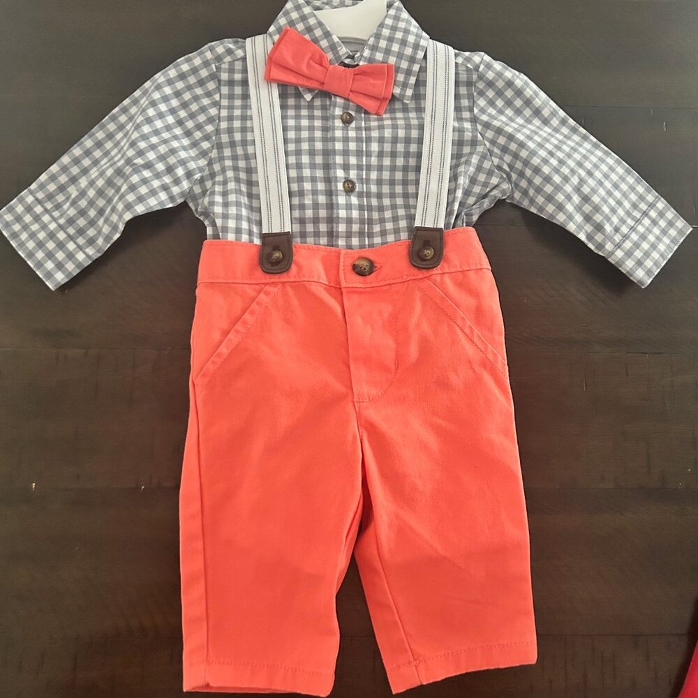 ADORABLE 3 month button down + pants w/ suspenders and bowtie